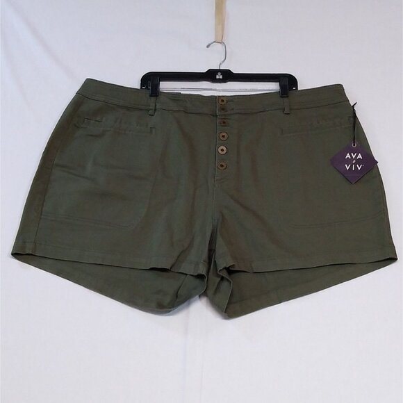 AVA & VIV Plus Size High Rise 26W Midi Button Fly Shorts Cotton Olive Green NWT - Picture 1 of 11